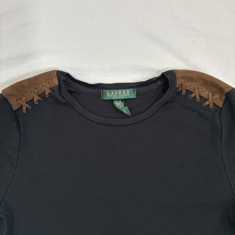 Lauren Ralph Lauren Women's "Suede" Trim Black Top Size Petite L Equestrian Barn - Picture 2 of 13